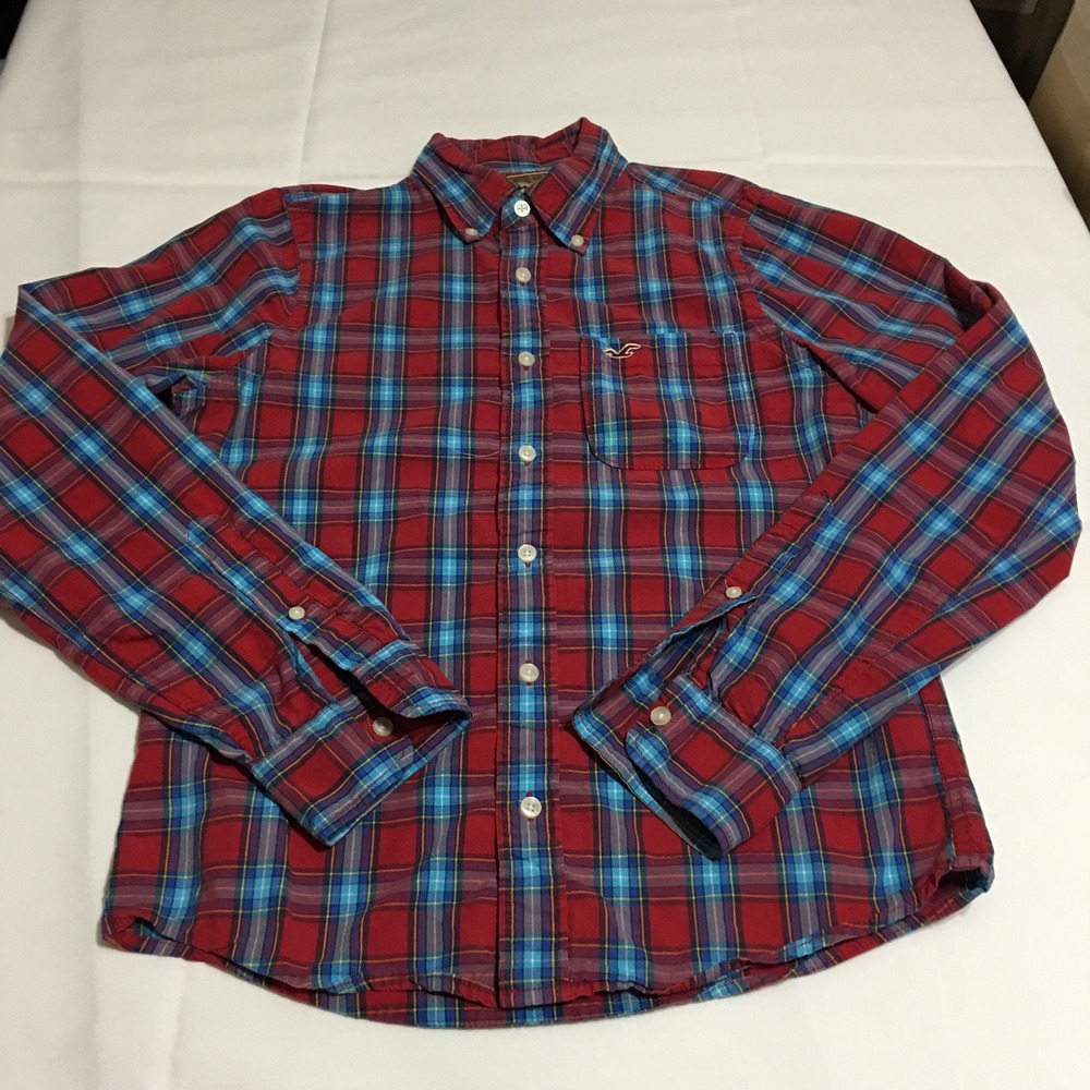 Lot of 2 Hollister Long Sleeve Button Down Shirts Mens Medium Blue Plaid Y2K - Picture 7 of 11